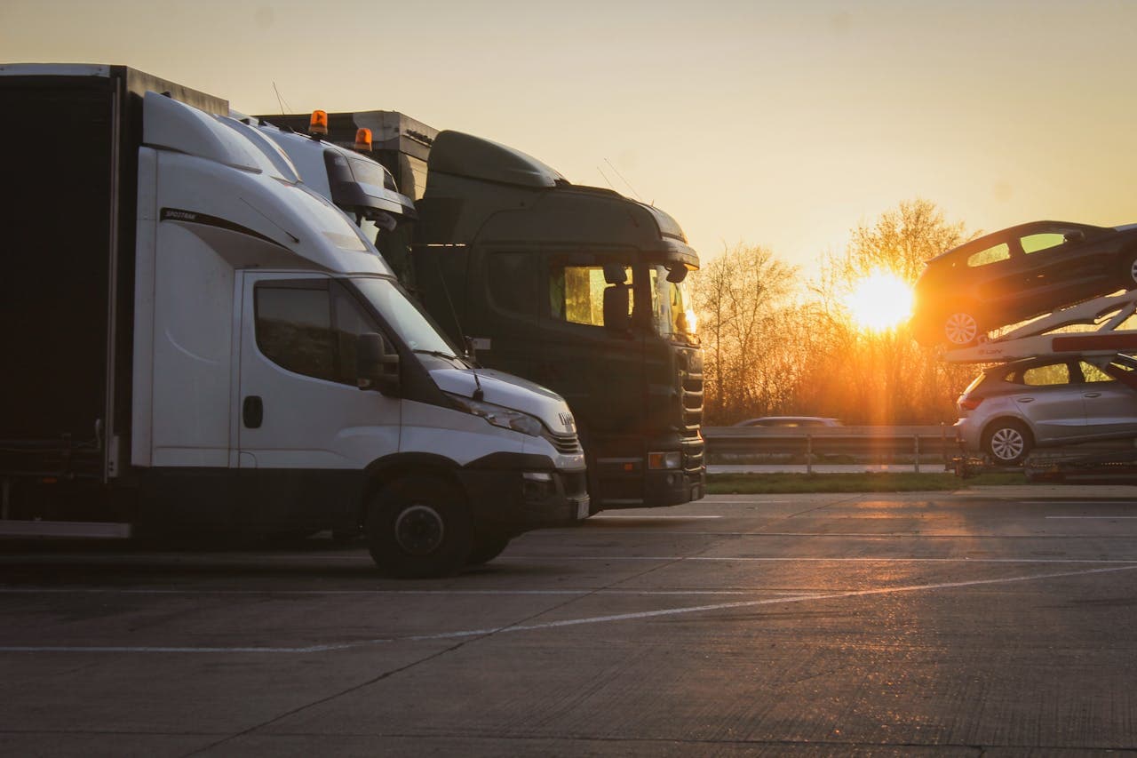 Fleet of trucks at sunset